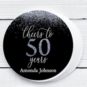 EDITABLE Cheers to 50 Years Favor Tags Black & Silver Glitter Favor Tag 50th Birthday Favor Tag Cheers to 50 Years Sticker Anniversary Tag