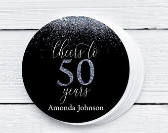 EDITABLE Cheers to 50 Years Favor Tags Black & Silver Glitter Favor Tag 50th Birthday Favor Tag Cheers to 50 Years Sticker Anniversary Tag