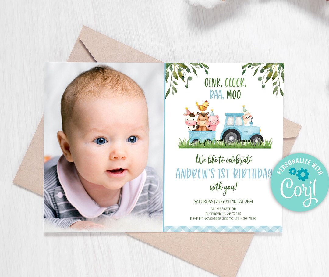 Editable Farm Birthday Invitation Blue Farm Animals Birthday Invitation ...