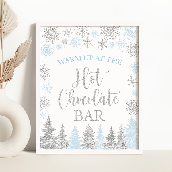 Winter Snowflake Hot Chocolate Bar Sign Holiday Warm up at the Hot Chocolate Bar Sign Blue Silver Snowflakes Hot Chocolate Bar Sign 0188