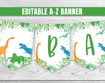 Editable Dinosaur Banner Boy Dinosaur Birthday A-Z Banner Prehistoric Party Blue Orange Dinosaur Decoration Dino Party T-Rex Garland 0109