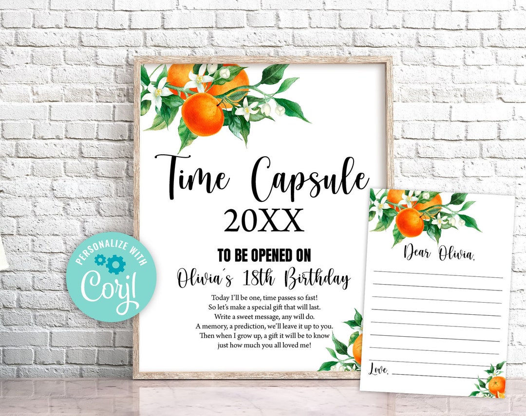 Editable Orange Birthday Time Capsule Citrus Time Capsule Sign Orange