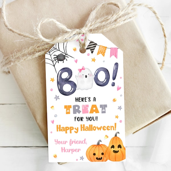 EDITIERBARE Halloween Leckerei Tag Boo Halloween Tags Halloween Kürbis Party Favor Tag Spooky Halloween Favor Tag Mädchen Spooky Ghost Geschenkanhänger 0154