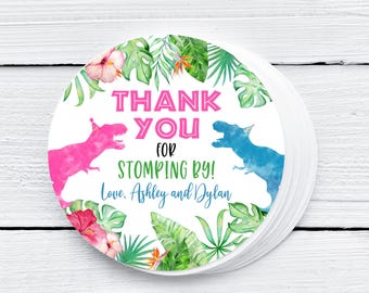 Dinosaur Birthday Favor Tags, Pink & Blue T-Rex, Editable (Digital Download)