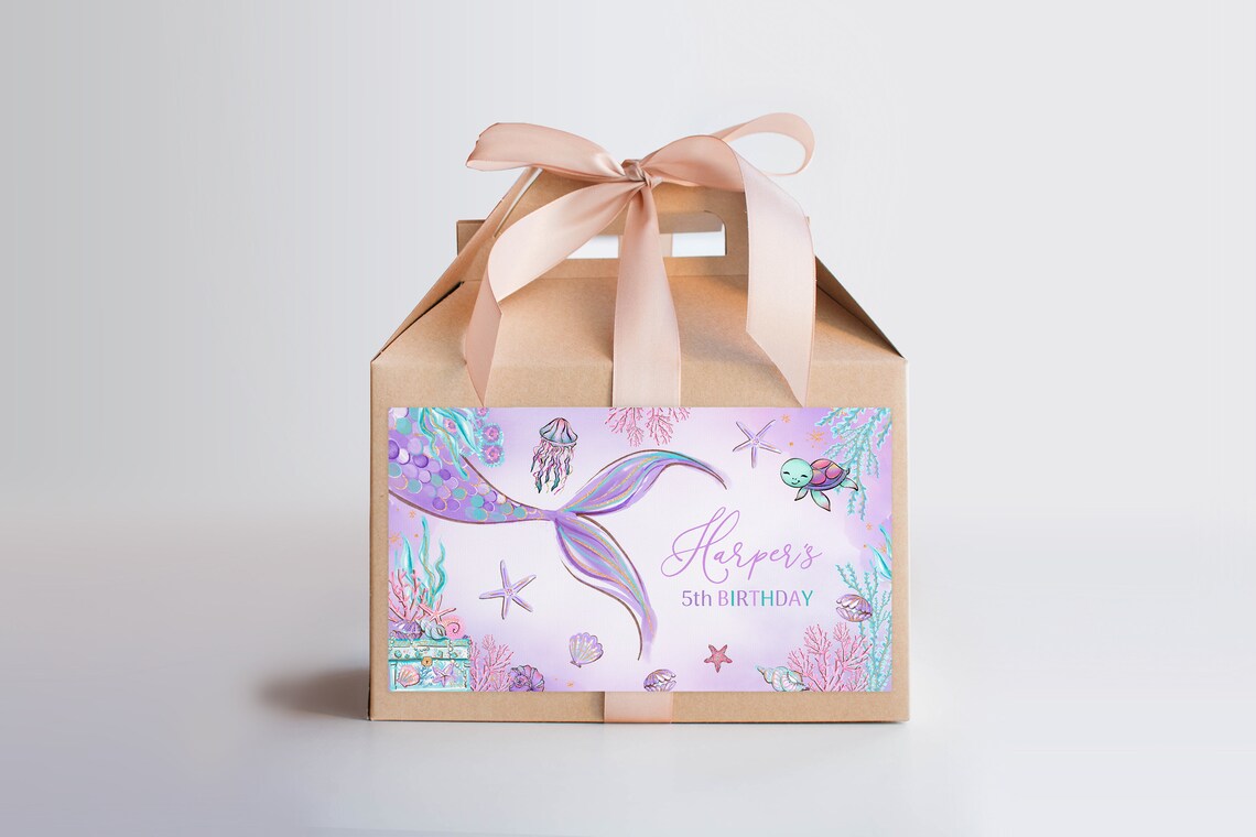 EDITABLE Purple Mermaid Under the Sea Birthday Gable Box Favor Labels ...