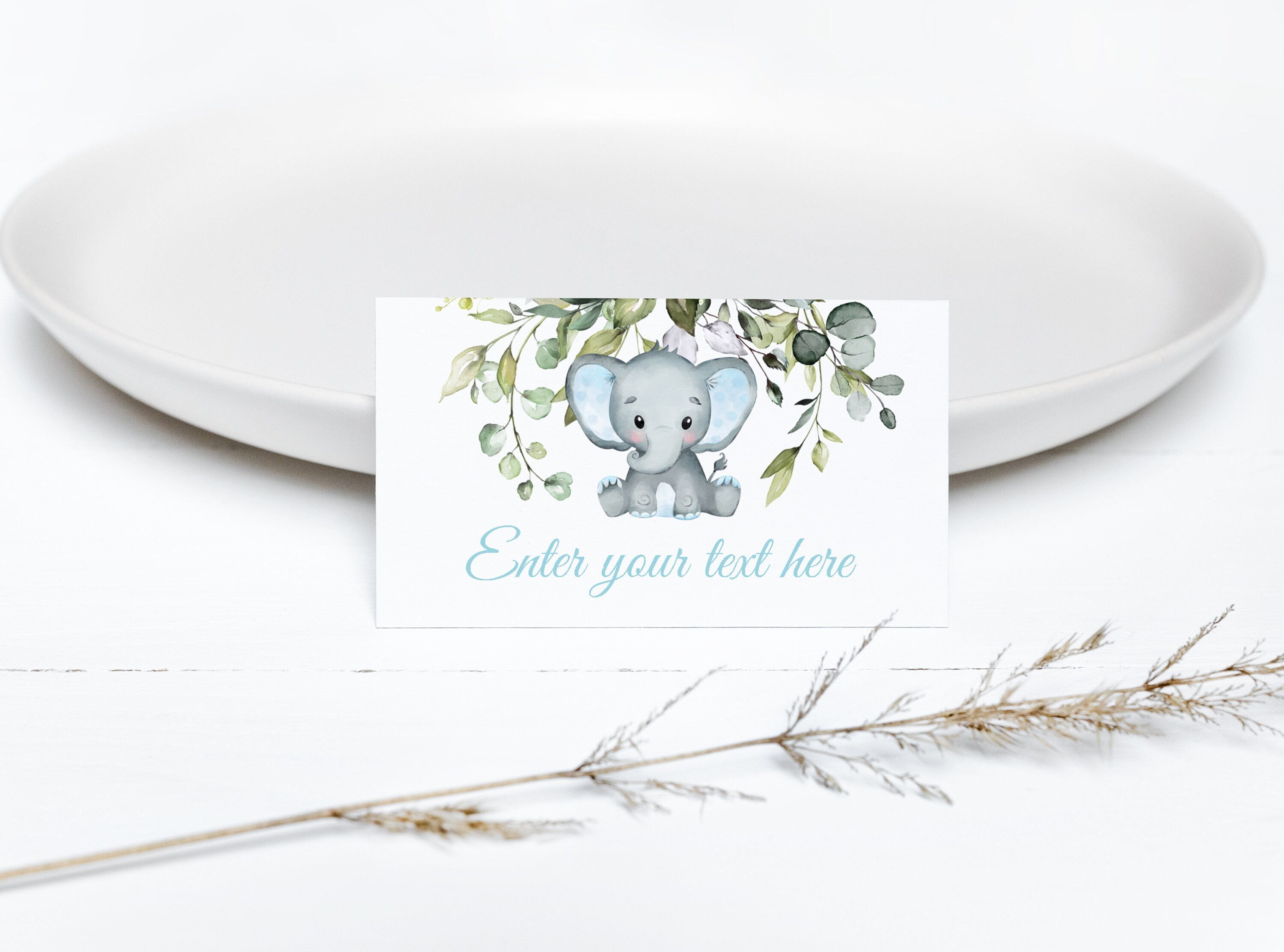 EDITABLE Elephant Tent Card Greenery Foliage Blue Elephant Food Tags Boy Elephant Baby Shower Place Cards 0102