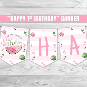 Watermelon Happy Birthday Banner, One in a Melon Birthday Banner, Pink Watermelon Birthday Decoration, Watermelon 1st Birthday Garland 0118