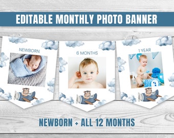 May include: Editable monthly photo banner with a blue airplane theme. The banner includes 12 frames for photos, with a cute cartoon bear pilot on each frame. The banner is perfect for documenting a baby's first year.