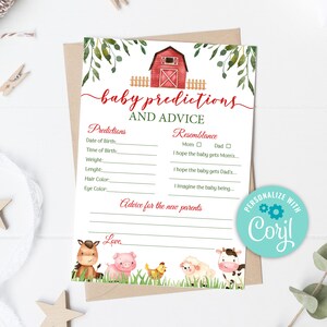 Modèle de prédictions et de conseils de ferme modifiable, cartes de prédiction de bébé de ferme rouge, carte de jeu de conseils pour maman et papa, modèle de prédiction 0106