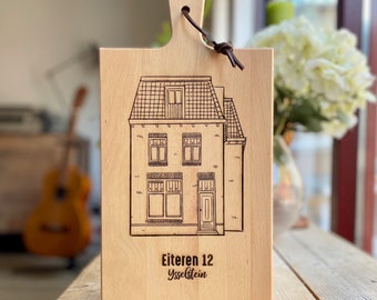 Jouw huis op de plank! Huisportret, Illustratie van huis op borrelplank - gebrand op een beukenhouten plank - housewarming, cadeau verhuizen