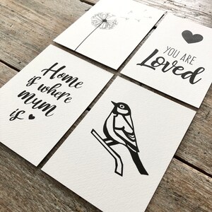 Set van 4 kaarten A6, kaart met tekst, quote, illustratie, vogel, koolmees, paardenbloem, zwart wit, kaart moederdag, inclusief envelop