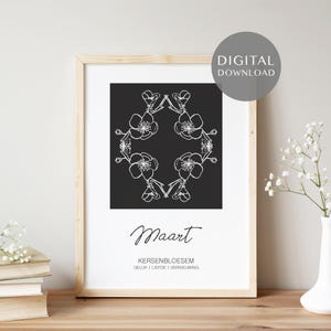 Maart geboortebloem, Cherry Blossom, Sakura, Verjaardag cadeau, Birth Month Flower Print , Lijntekening, Wall Art, DIGITALE DOWNLOAD