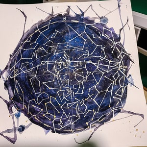 Carte des étoiles personnalisée, peinture aquarelle originale, carte des étoiles faite à la main, carte des étoiles peinte à la main, techniques mixtes