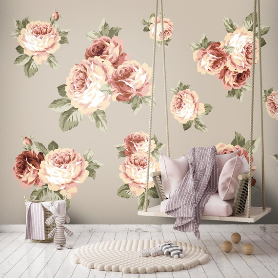 Pink Rose Flover Green White Wallpaper Bedroom Design Wall Colored Floral Poster Livingroom Flower Background Wall