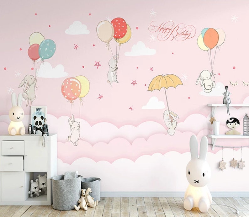 Kids Wallpaper Poster Nordic Small Fresh Cloud Rabbit Children S Room Decoration Painting Background Wall Balloon Wallpaper Kids Room