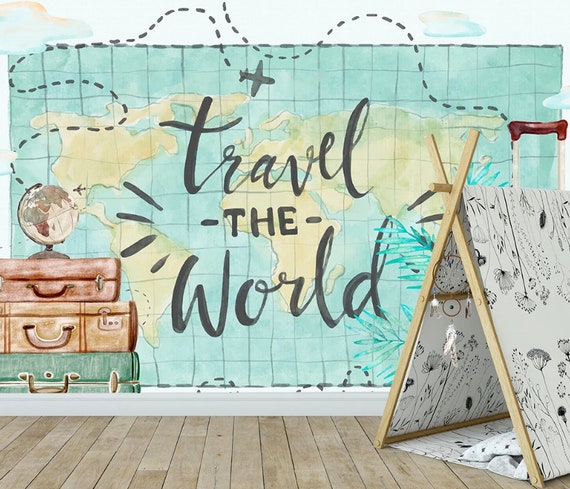 World Travel Watercolor Wallpaper Hand Painted Background Wall Kidroom Bedroom Kid Wallpaper Wall Art Design