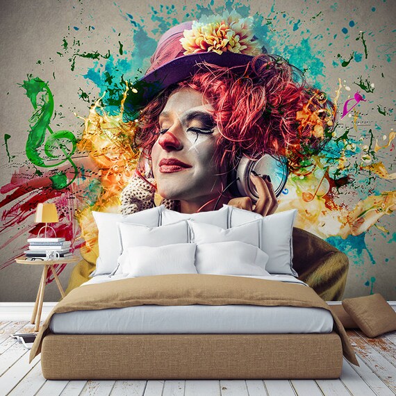 Music And Women Themed Wallpaper Colorful Clown Home Decor