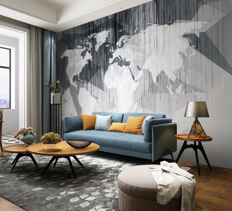 Black and White World Map Modern and Simple Geometric Line World Map TV Sofa Background Wall Painting