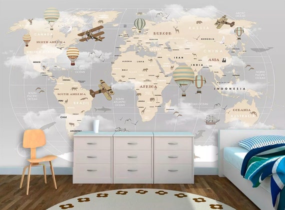 Kids Wallpaper Kids World Map Wall Mural Nursery Map Wall Decor Girls Boys Bedroom Wall Art Kindergarten Wall Paint Art Baby Room