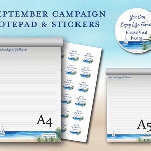May include: A set of two notepads and a sheet of stickers with a nautical theme. The notepads are labelled A4 and A5. The stickers feature a sailboat, palm trees, and the text "You Can Enjoy Life Forever. Please Visit Jw.org".