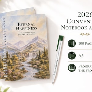 May include: Two spiral-bound notebooks with a landscape painting on the cover, featuring mountains, a river, and trees. The notebooks are labeled "Eternal Happiness" and "2026 Convention of Jehovah's Witnesses." A pen with the text "Eternal Happiness" is also included. The image also shows the text "100 Pages", "A5", and "Program in the Front".