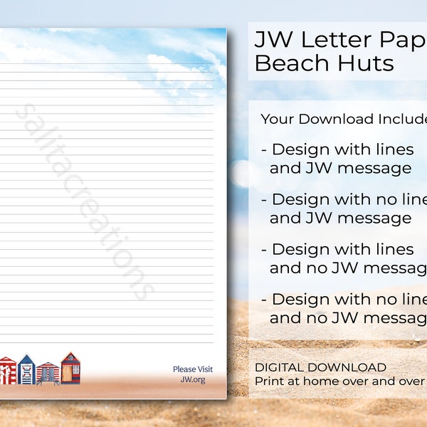 JW letter writing paper digital download lined website beach huts sand sky ocean sea