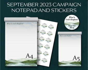 JW 2023 September Campaign What is God's Kingdom? Letter writing notepad stickers mountains stream