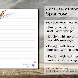 Op de afbeelding: Printbaar briefpapier met een mus die op een tak zit met roze bloemen. Het papier bevat lijnen en een "Bezoek Jw.org" bericht. De tekst "JW Letter Paper Sparrow" en "Uw download bevat" is ook inbegrepen.
