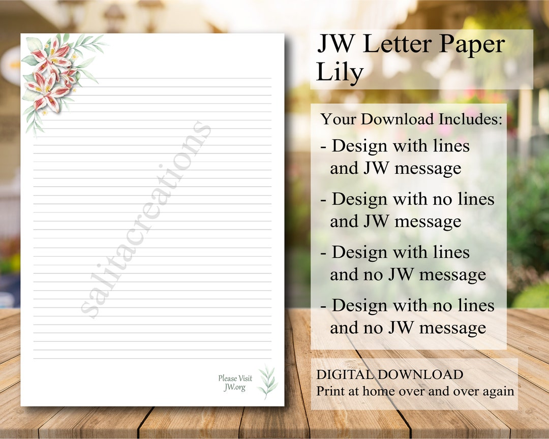 JW Letter Writing Paper Digital Download Lined Website Pink Lily ...
