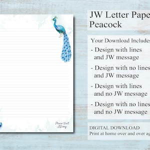JW letter writing paper digital download lined website peacock bird blue feather