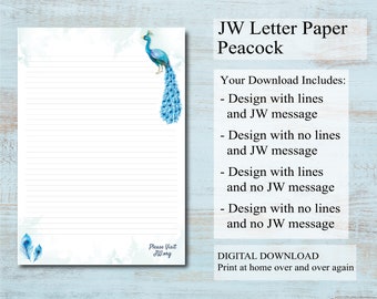 JW letter writing paper digital download lined website peacock bird blue feather