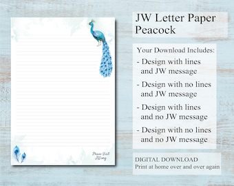 JW letter writing paper digital download lined website peacock bird blue feather