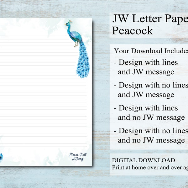 JW letter writing paper digital download lined website peacock bird blue feather