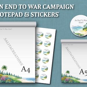 May include: A notepad and sticker set with the text "An End To War Campaign" and "Notepad & Stickers". The notepad has lined pages and a watercolour image of a beach scene. The stickers are round with the same beach scene.