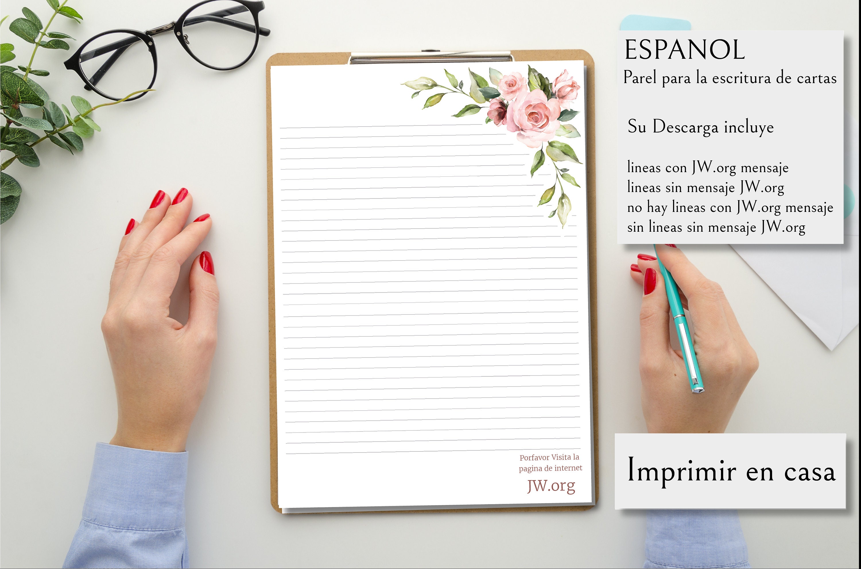 JW letter writing paper digital download roses pink website message spanish