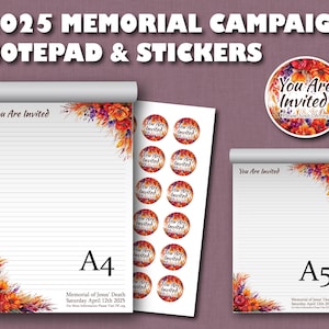 Carta y pegatinas de la campaña conmemorativa 2025 en color naranja, morado y marrón. Estás invitado.