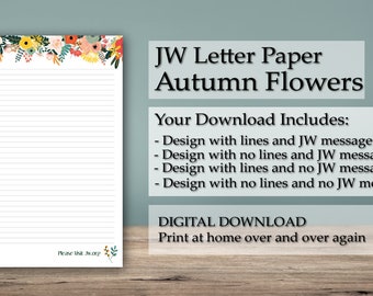 JW letter writing paper digital download lined website autumn fall flowers floral