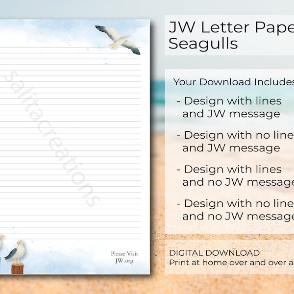 JW letter writing paper digital download lined website seagulls sand sky ocean sea