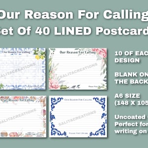May include: A set of 40 lined postcards, each with a different decorative border and the text "Our Reason For Calling." The A6 size cards (14.8 x 10.5cm) are uncoated and blank on the back, ideal for writing.