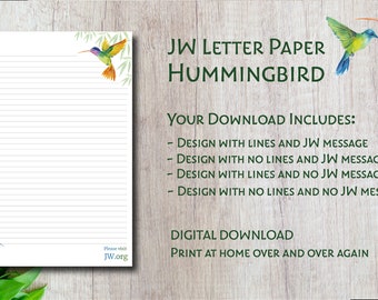 JW letter writing paper digital download lined website hummingbirds spring leaves birds