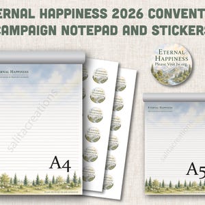 May include: Stationery set featuring A4 and A5 notepads with lined pages and a landscape illustration. Includes round stickers with a landscape design and the text "Eternal Happiness". The text "Eternal Happiness 2026 Convention" is also visible.