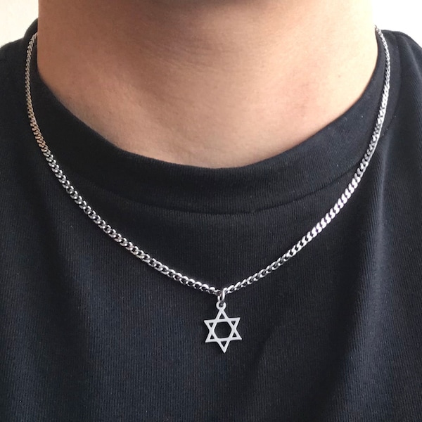 Tiny Stainless Steel Star of David Necklace, Curb Cable chain, Minimalist Spiritual Jewish Hebrew birthday for minimal men women, gift box