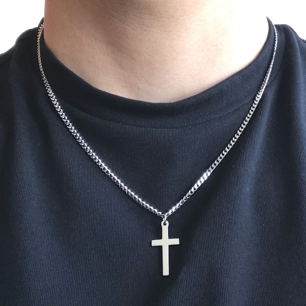 Stainless Steel Cross Necklace for Men, SS Pendant Charm, Cable Curb Chain Him, Christian Religious Catholic, Father Day Jewellery Gift Box