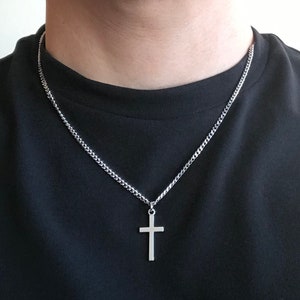 Plated Tibetan Silver Cross Pendant Charm, Stainless Steel Curb Cable Chain Necklace Men Jewellery, Christian Catholic, Minimalist Gift Box