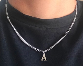 Tiny Stainless Steel Initial Necklace Small Pendant, Stainless Steel Curb Chain for Men Him Boyfriend Jewellery Dainty Minimalist, Gift Box