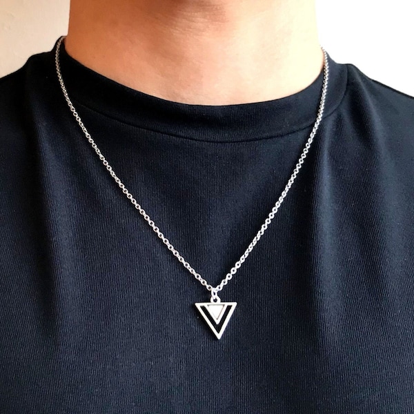 Plated Tibetan Silver Small Triangle Pendant, Geometric Polygon, Stainless Steel Necklace Chain Men Jewellery Minimalist Groomsmen Gift Box