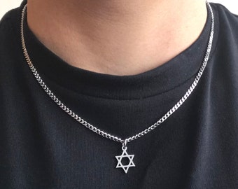 Tiny Stainless Steel Star of David Necklace, Curb Cable chain, Minimalist Spiritual Jewish Hebrew birthday for minimal men women, gift box