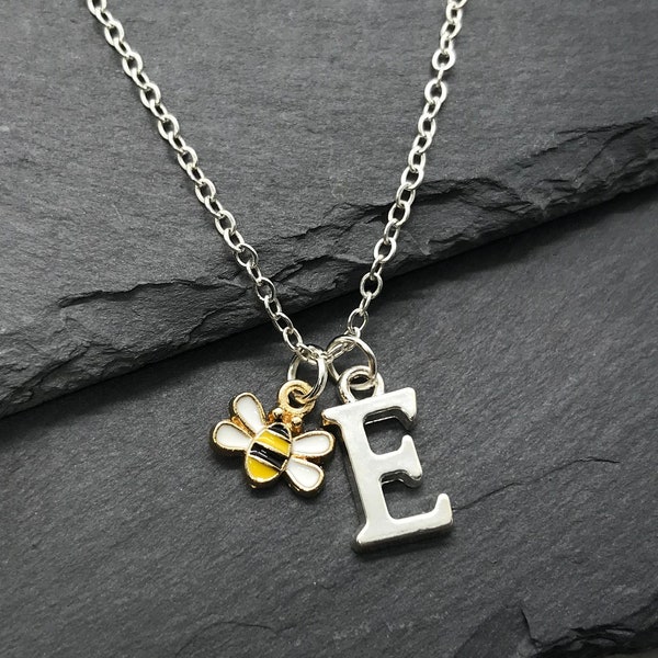 Tiny Enamel Bee Necklace, Personalised Initial Letter Charm, Honey Queen Bees Bumblebee Beehive Spring Children Girls Kids Daughter Gift Box