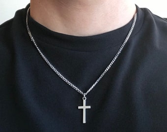 Plated Tibetan Silver Cross Pendant Charm, Stainless Steel Curb Cable Chain Necklace Men Jewellery, Christian Catholic, Minimalist Gift Box