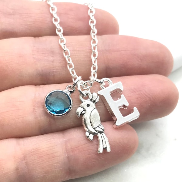 Parrot Necklace, Birthstone Crystal Initial Letter Jewellery Bird animal macaw Cockatoos lover Birthday Christmas Girls Daughter gift box